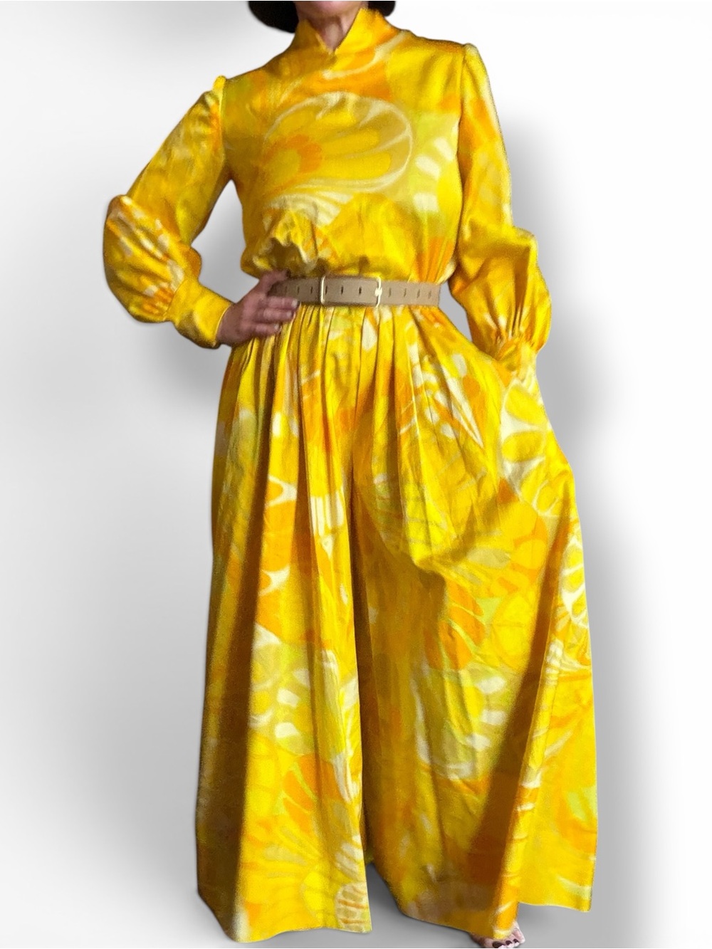 Vintage 60s Yellow Floral Mod Palazzo Jumpsuit Handmade - small
